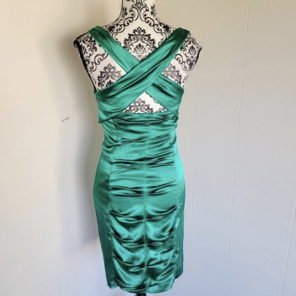 Emerald Satin Crossover Back Sheath Dress